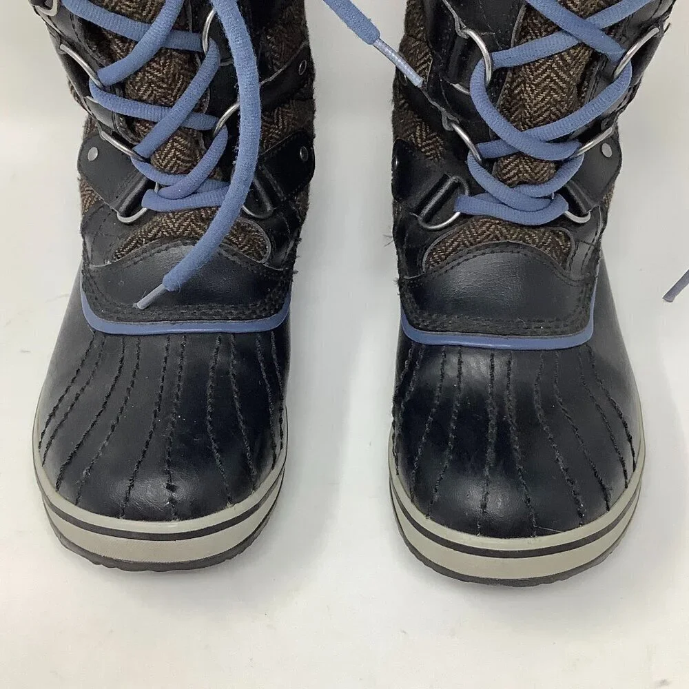 Sorel women's Tofino Herringbone tall boots 8.5 brown blue laces winter snow